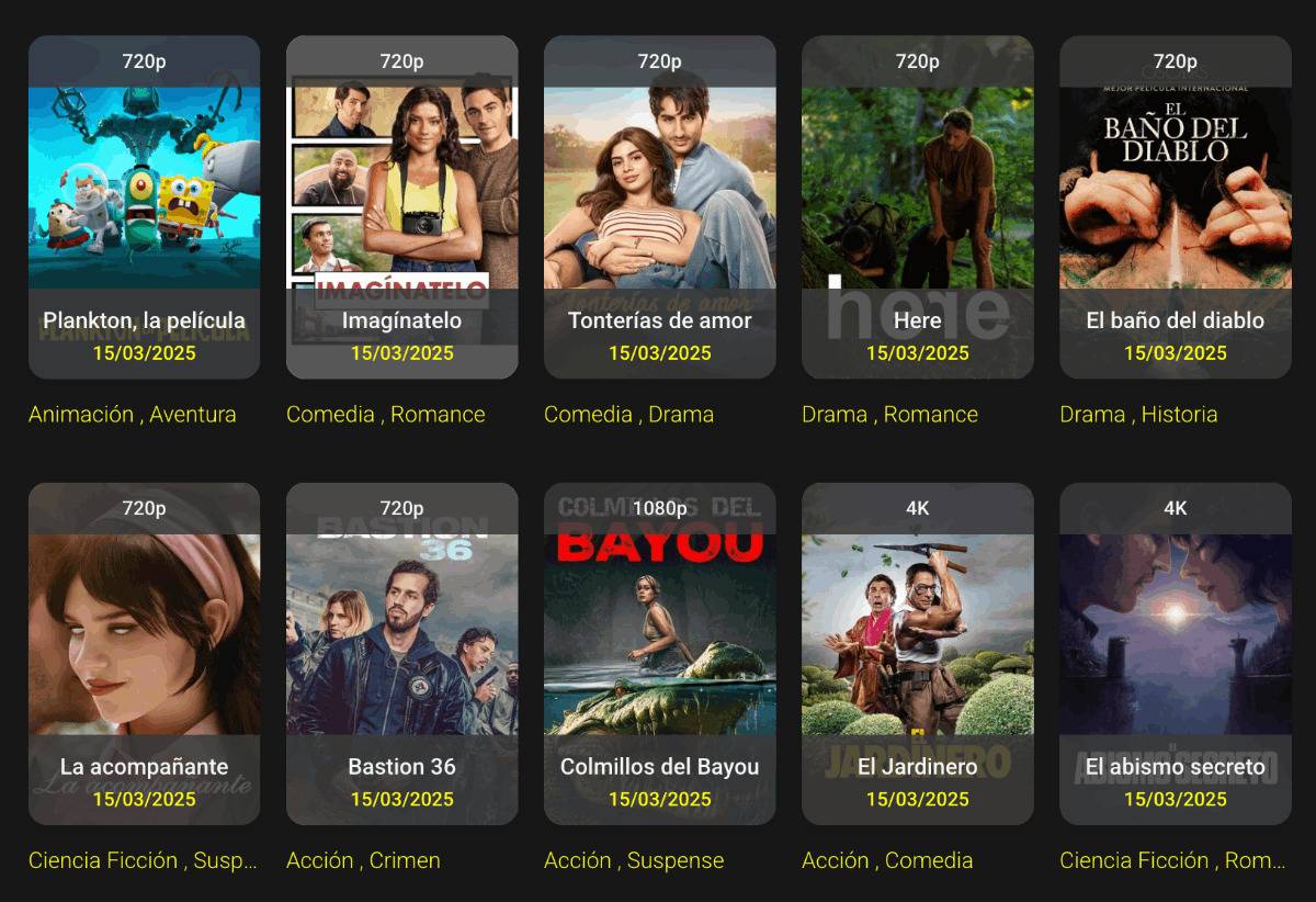 Vista previa del índice de pelistorrent con buscador, categorías y actividad de seeders